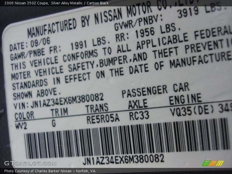 Silver Alloy Metallic / Carbon Black 2006 Nissan 350Z Coupe