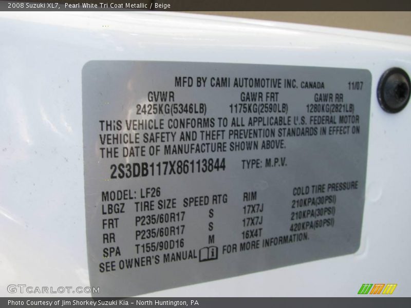 Pearl White Tri Coat Metallic / Beige 2008 Suzuki XL7
