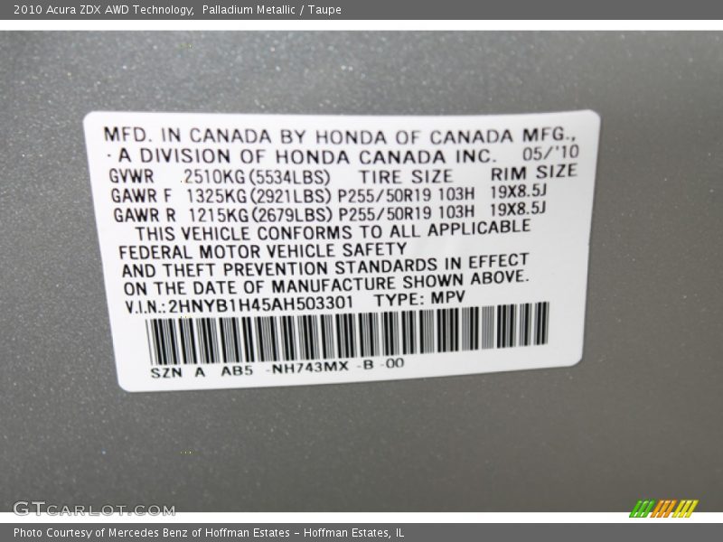 2010 ZDX AWD Technology Palladium Metallic Color Code NH743MX
