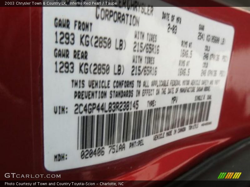 2003 Town & Country LX Inferno Red Pearl Color Code PEL
