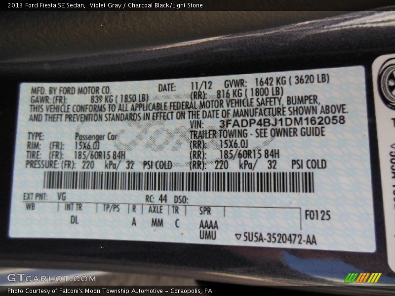 2013 Fiesta SE Sedan Violet Gray Color Code VG
