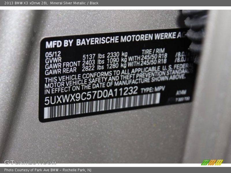 Mineral Silver Metallic / Black 2013 BMW X3 xDrive 28i