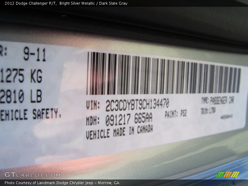 Bright Silver Metallic / Dark Slate Gray 2012 Dodge Challenger R/T