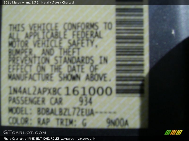 Metallic Slate / Charcoal 2011 Nissan Altima 2.5 S