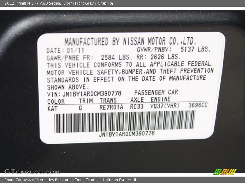 2012 M 37x AWD Sedan Storm Front Gray Color Code KAT