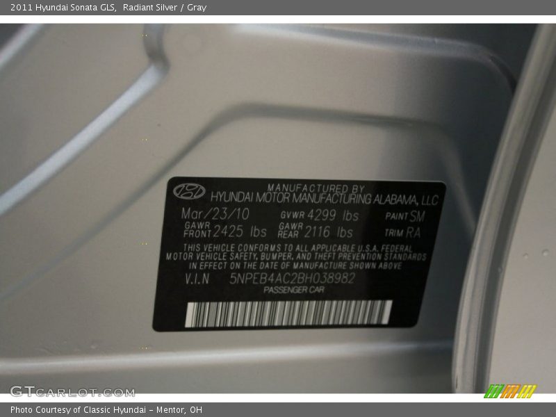 Radiant Silver / Gray 2011 Hyundai Sonata GLS