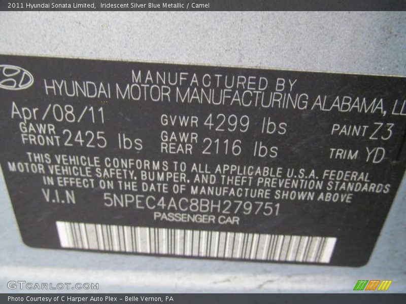 Iridescent Silver Blue Metallic / Camel 2011 Hyundai Sonata Limited