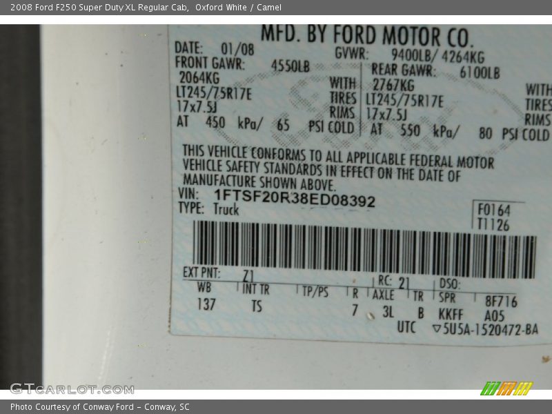 2008 F250 Super Duty XL Regular Cab Oxford White Color Code Z1