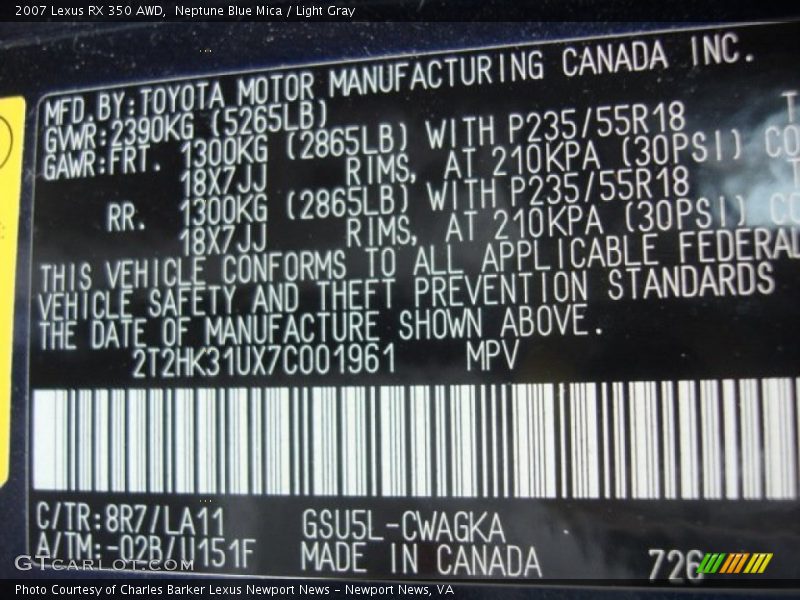 2007 RX 350 AWD Neptune Blue Mica Color Code 8R7