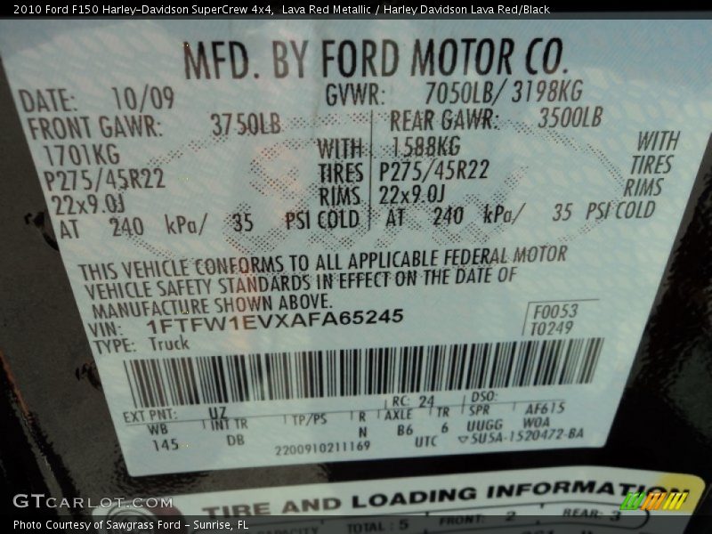 2010 F150 Harley-Davidson SuperCrew 4x4 Lava Red Metallic Color Code UZ