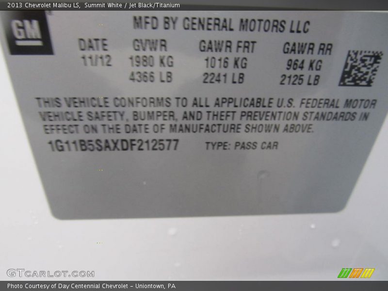 Summit White / Jet Black/Titanium 2013 Chevrolet Malibu LS
