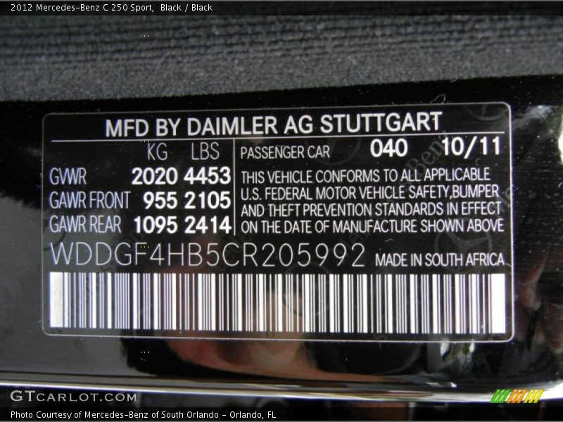 2012 C 250 Sport Black Color Code 040