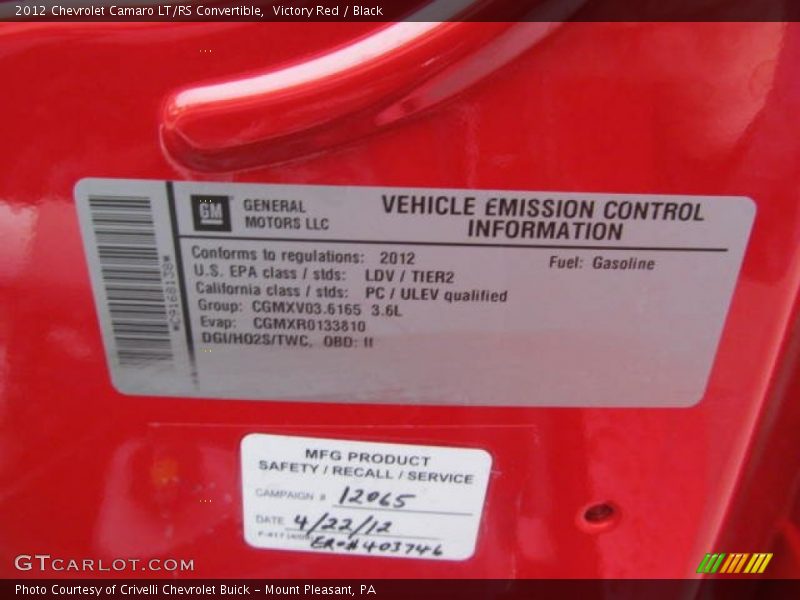 Victory Red / Black 2012 Chevrolet Camaro LT/RS Convertible