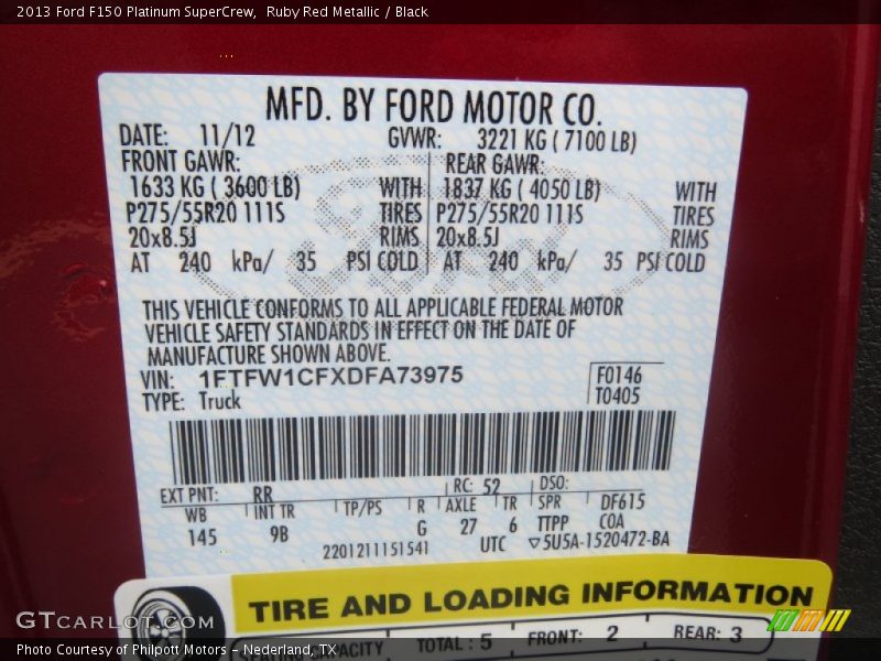 2013 F150 Platinum SuperCrew Ruby Red Metallic Color Code RR