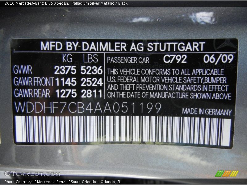 2010 E 550 Sedan Palladium Silver Metallic Color Code 792