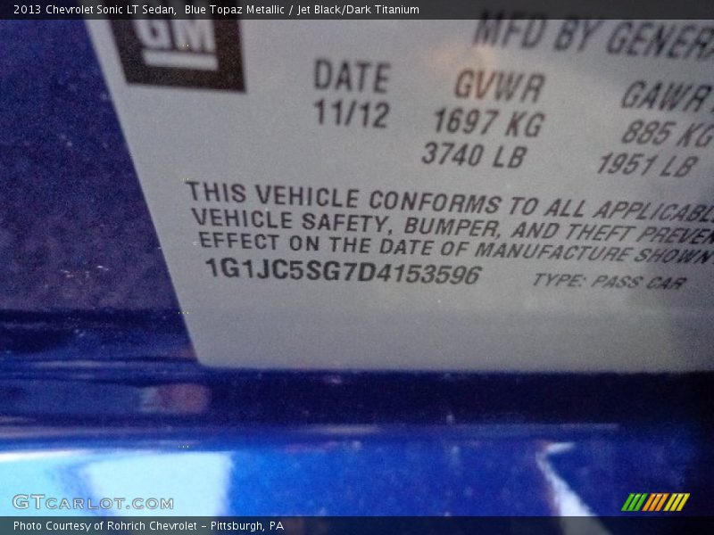 Blue Topaz Metallic / Jet Black/Dark Titanium 2013 Chevrolet Sonic LT Sedan