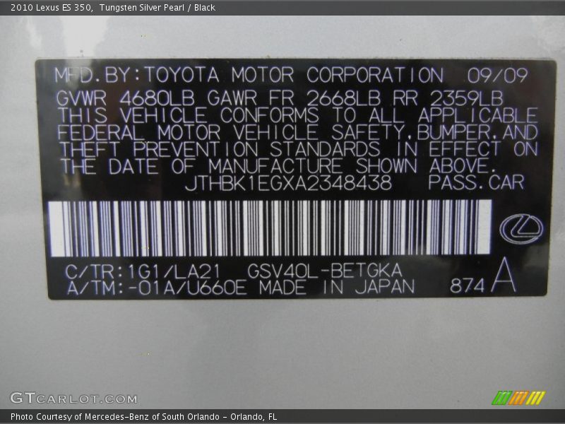 Tungsten Silver Pearl / Black 2010 Lexus ES 350
