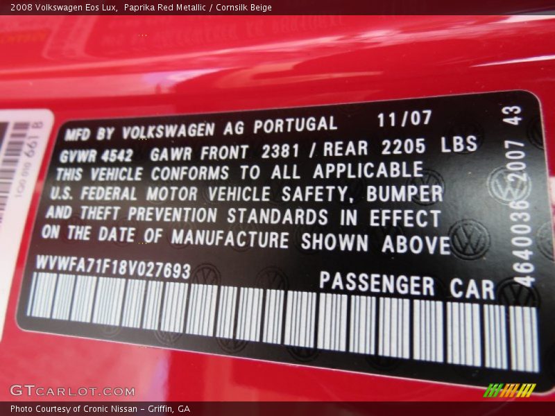 Paprika Red Metallic / Cornsilk Beige 2008 Volkswagen Eos Lux