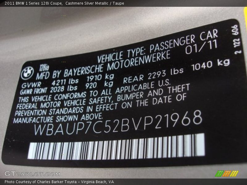 Cashmere Silver Metallic / Taupe 2011 BMW 1 Series 128i Coupe