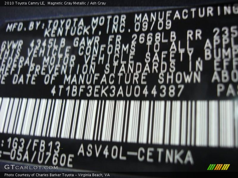 Magnetic Gray Metallic / Ash Gray 2010 Toyota Camry LE