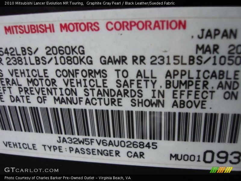 Graphite Gray Pearl / Black Leather/Sueded Fabric 2010 Mitsubishi Lancer Evolution MR Touring