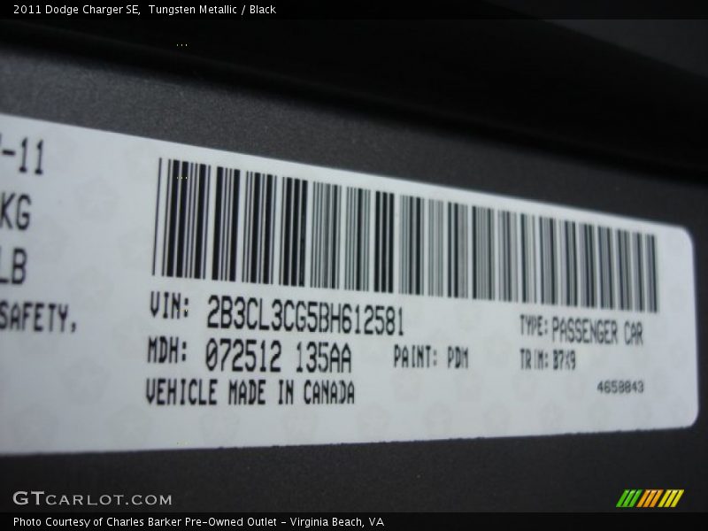 Tungsten Metallic / Black 2011 Dodge Charger SE