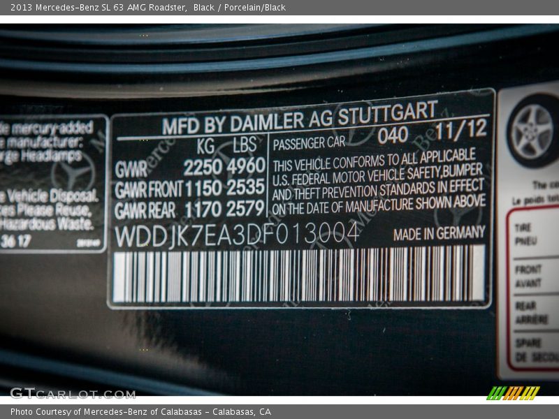 2013 SL 63 AMG Roadster Black Color Code 040