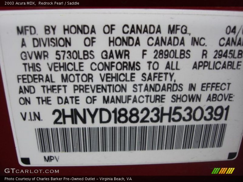 Redrock Pearl / Saddle 2003 Acura MDX