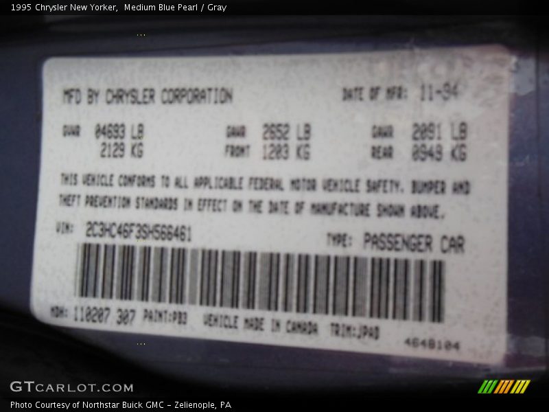 Medium Blue Pearl / Gray 1995 Chrysler New Yorker