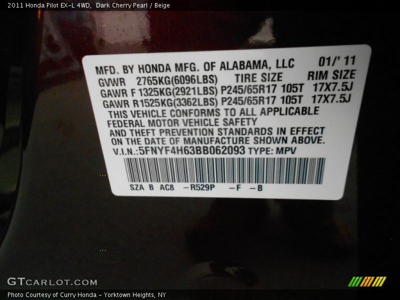 Dark Cherry Pearl / Beige 2011 Honda Pilot EX-L 4WD