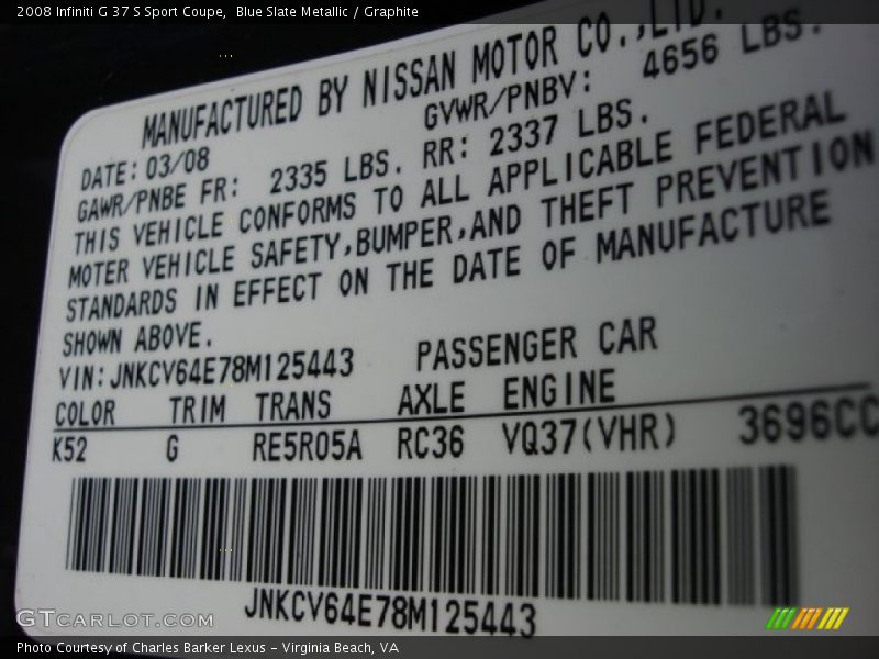 2008 G 37 S Sport Coupe Blue Slate Metallic Color Code K52