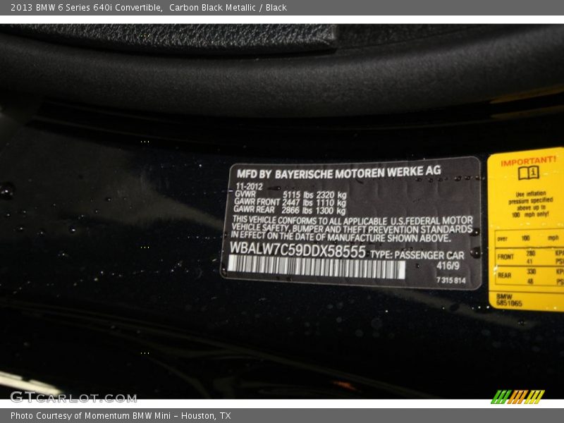 2013 6 Series 640i Convertible Carbon Black Metallic Color Code 416
