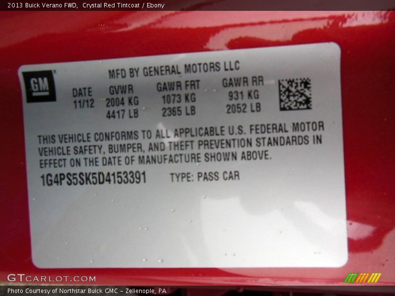 Crystal Red Tintcoat / Ebony 2013 Buick Verano FWD