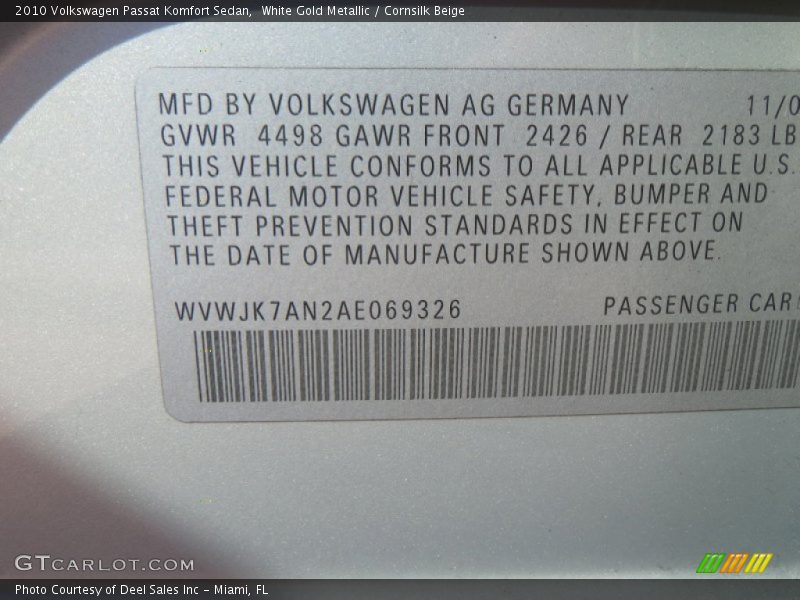 White Gold Metallic / Cornsilk Beige 2010 Volkswagen Passat Komfort Sedan