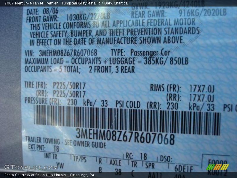 Tungsten Grey Metallic / Dark Charcoal 2007 Mercury Milan I4 Premier