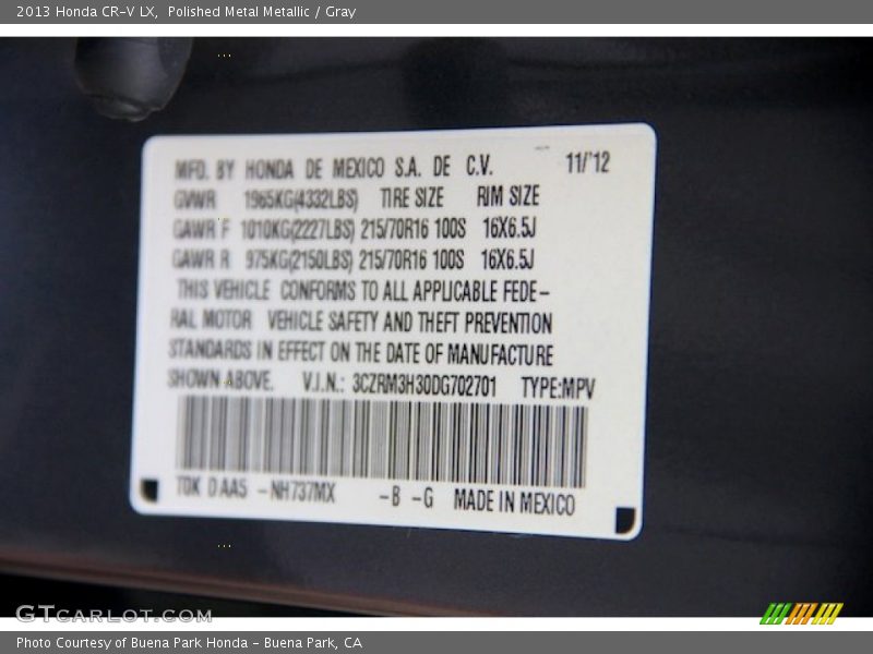 Polished Metal Metallic / Gray 2013 Honda CR-V LX