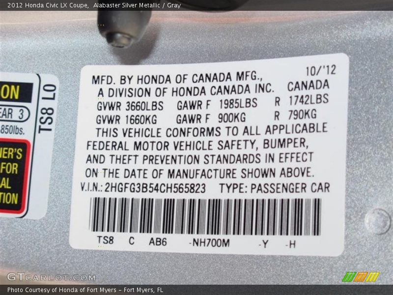 Alabaster Silver Metallic / Gray 2012 Honda Civic LX Coupe