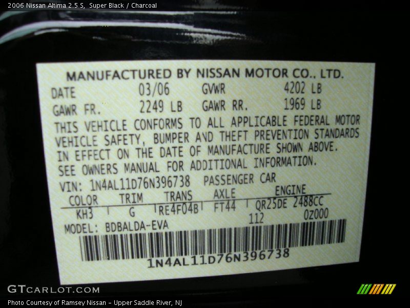Super Black / Charcoal 2006 Nissan Altima 2.5 S