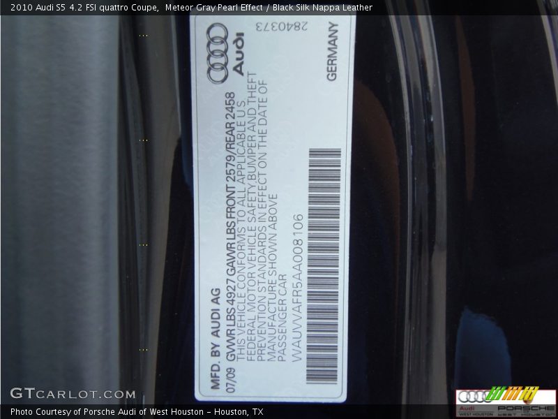 Meteor Gray Pearl Effect / Black Silk Nappa Leather 2010 Audi S5 4.2 FSI quattro Coupe
