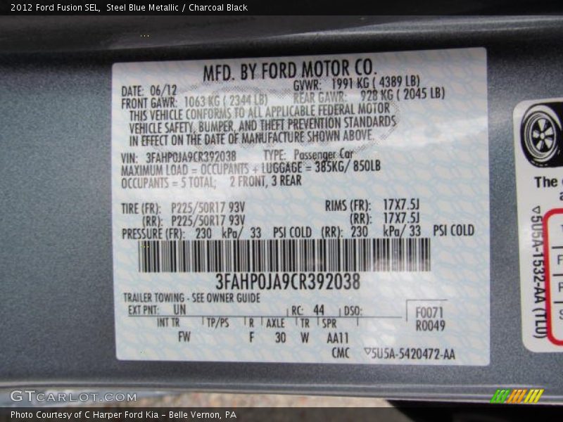 Steel Blue Metallic / Charcoal Black 2012 Ford Fusion SEL