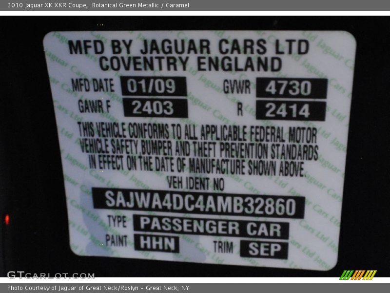 2010 XK XKR Coupe Botanical Green Metallic Color Code HHN