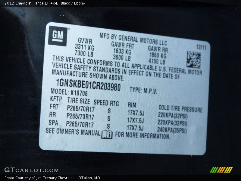 Black / Ebony 2012 Chevrolet Tahoe LT 4x4
