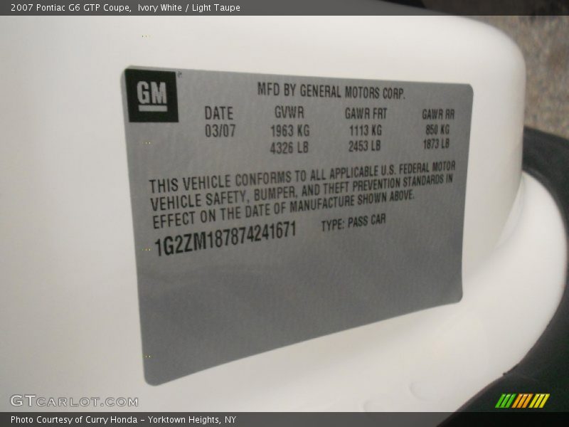 Ivory White / Light Taupe 2007 Pontiac G6 GTP Coupe