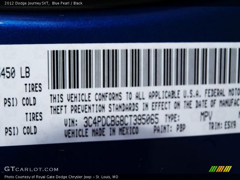Blue Pearl / Black 2012 Dodge Journey SXT