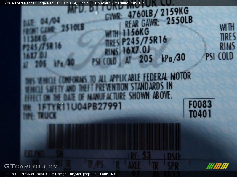 Sonic Blue Metallic / Medium Dark Flint 2004 Ford Ranger Edge Regular Cab 4x4