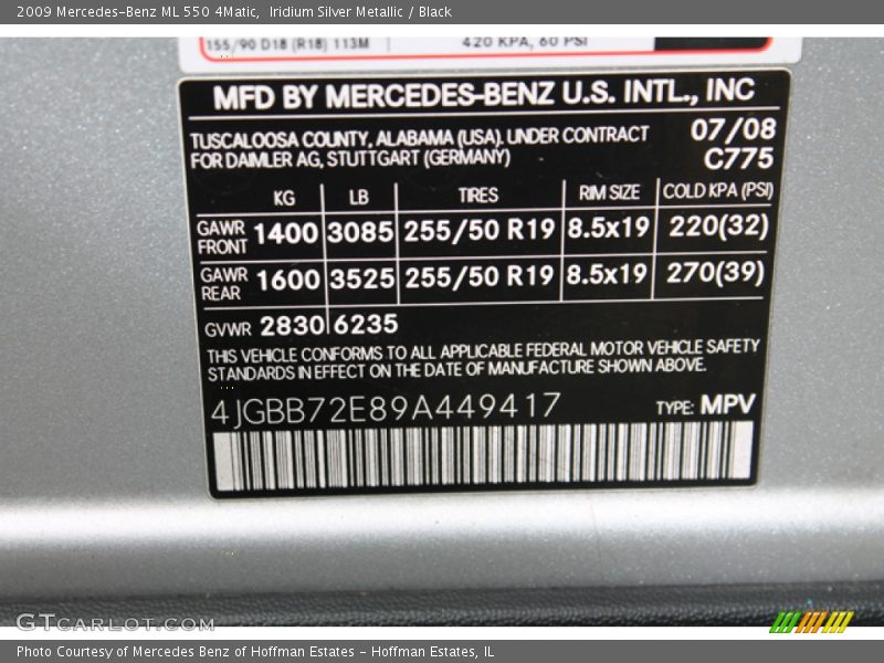 Iridium Silver Metallic / Black 2009 Mercedes-Benz ML 550 4Matic