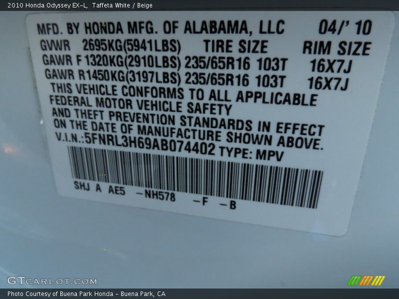 Taffeta White / Beige 2010 Honda Odyssey EX-L