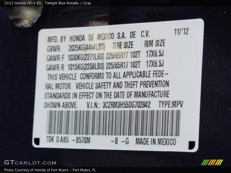 Twilight Blue Metallic / Gray 2013 Honda CR-V EX