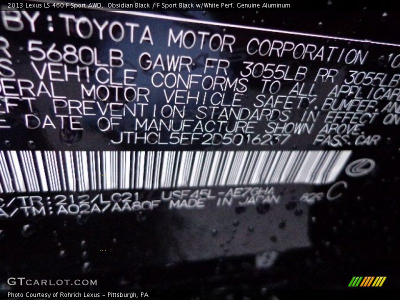 Obsidian Black / F Sport Black w/White Perf. Genuine Aluminum 2013 Lexus LS 460 F Sport AWD