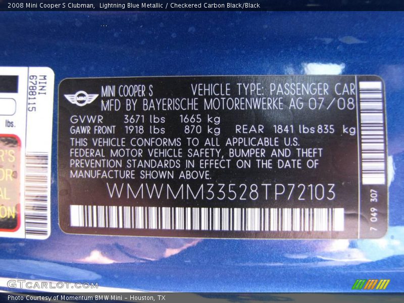 Lightning Blue Metallic / Checkered Carbon Black/Black 2008 Mini Cooper S Clubman